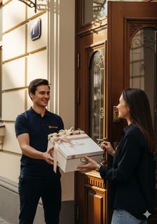 A courier delivering a flower box to a customer's door.
