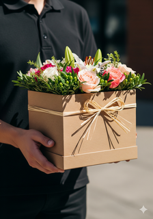 Close-up of a courier holding a flower box.