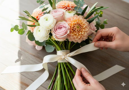 Close-up of a florist tying a ribbon on a bouquet.