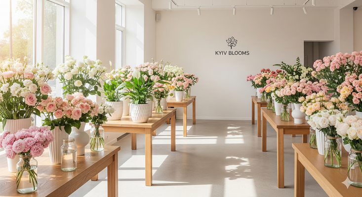 A wide banner of a flower boutique interior with bouquets on wooden tables.