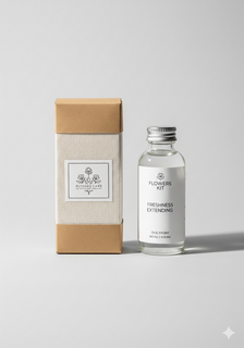 A flower care kit with a bottle and elegant packaging.